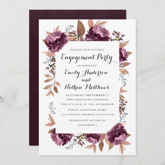 開花パープルウォーター色婚約パーティ招待状 招待状 (正面/裏面)