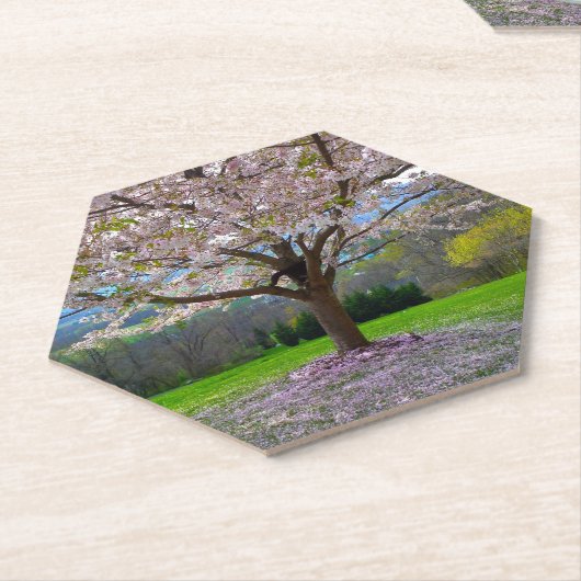 開花ピンクさくらんぼの森の花の木 ペーパーコースター (アングル)