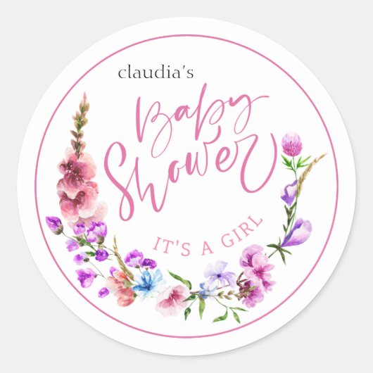 開花ピンクと紫の水色のフローラバビシャワー ラウンドシール (正面)