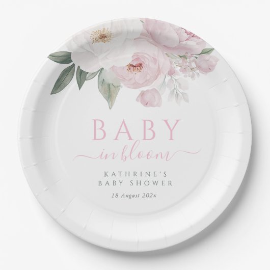 開花ピンクのフローラの赤ちゃんシャワーのベビー ペーパープレート (正面)