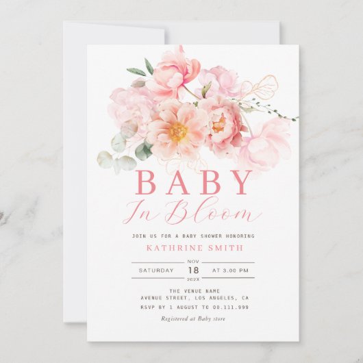 開花ピンクのフローラの赤ちゃんシャワーのベビー 招待状 (正面)
