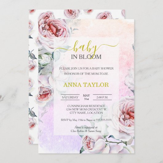 開花ピンクのフローラエレガントベビーシャワーのベビー 招待状 (正面/裏面)