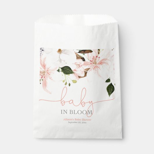 開花ピンクの白フローラのベビー フェイバーバッグ (正面)