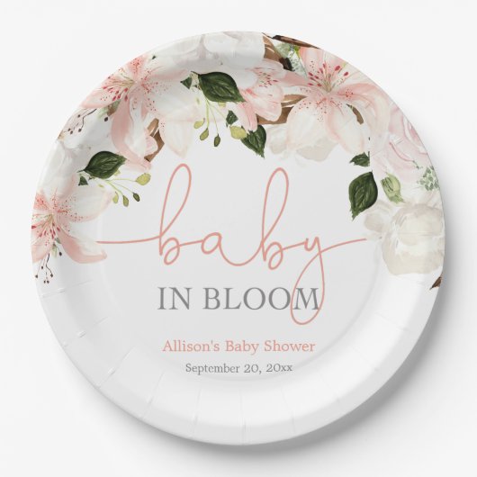 開花ピンクの白フローラのベビー ペーパープレート (正面)