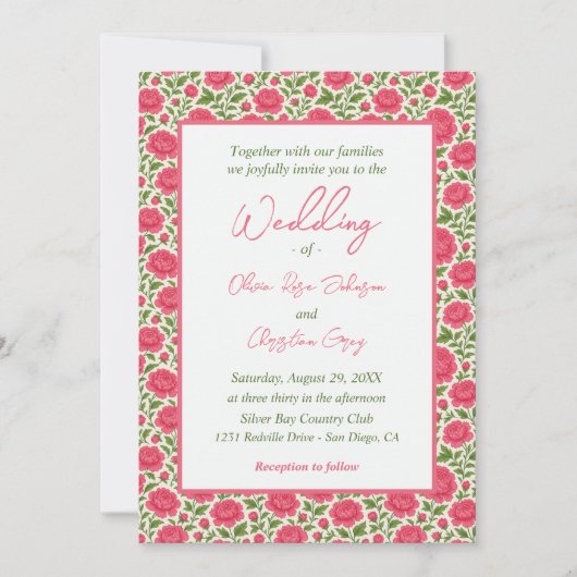 開花ピンクピーニー結婚フローラ 招待状 (正面)