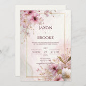 開花ピンクフローラロマン結婚ティック 招待状 (正面/裏面)