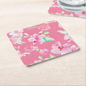 開花ピンクフローラ紙コースター スクエアペーパーコースター (アングル)