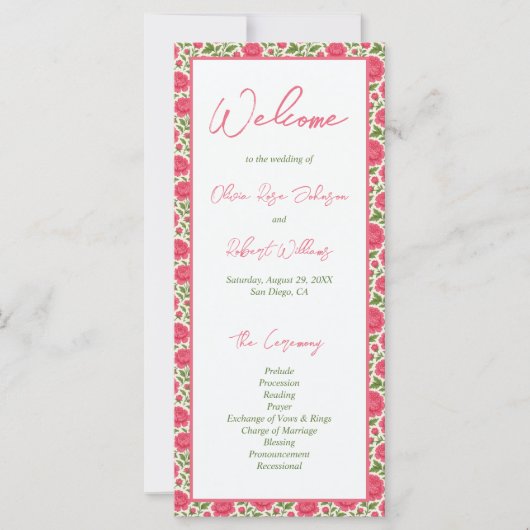 開花ピンク牡丹の花の結婚式 プログラム (正面)