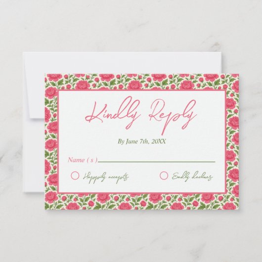 開花ピンク結婚の花 出欠カード (正面)