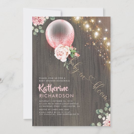 開花ピンク金ゴールドバルーンベビー素朴シャワーベビー 招待状 (正面)