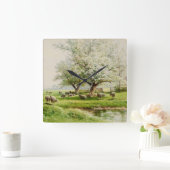 開花ファインアート水彩牧歌的な風景 スクエア壁時計 (ホーム)