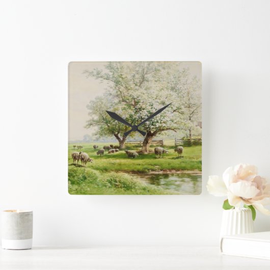 開花ファインアート水彩牧歌的な風景 スクエア壁時計 (ホーム)