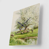 開花ファインアート水彩牧歌的な風景 スクエア壁時計 (傾斜)