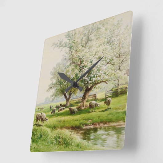 開花ファインアート水彩牧歌的な風景 スクエア壁時計 (傾斜)