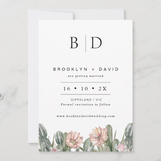 開花モダンサボテンの結婚式の日付カードを保存 招待状 (正面)