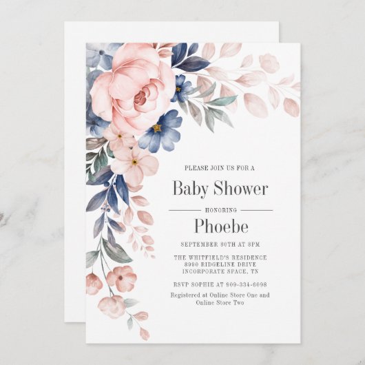 開花モダンピンクブルーフローラベビーシャワー 招待状 (正面/裏面)