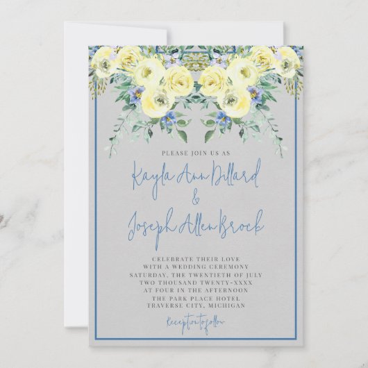 開花ラブブルーイエロー春サマー結婚ズ 招待状 (正面)