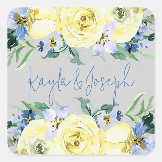 開花ラブブルーイエロー結婚フローラ スクエアシール (正面)