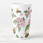 開花リンゴ果樹園とミツバチの水彩画 カフェラテマグ (正面)