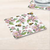 開花リンゴ果樹園とミツバチの水彩画 スクエアペーパーコースター (アングル)