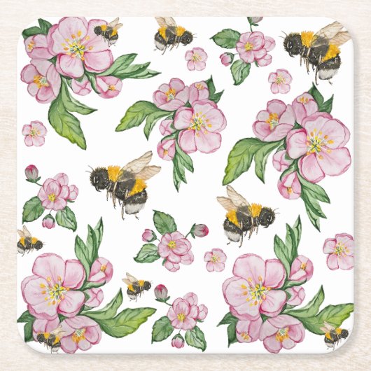 開花リンゴ果樹園とミツバチの水彩画 スクエアペーパーコースター (正面)