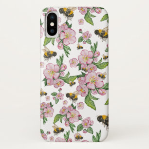 開花リンゴ果樹園とミツバチの水彩画 iPhone X ケース
