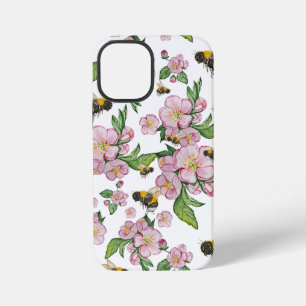 開花リンゴ果樹園とミツバチの水彩画 iPhone 12 MINIケース