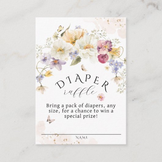 開花ワイルドフラワー素朴赤ちゃんシャワーおむつラッフル エンクロージャーカード (正面)