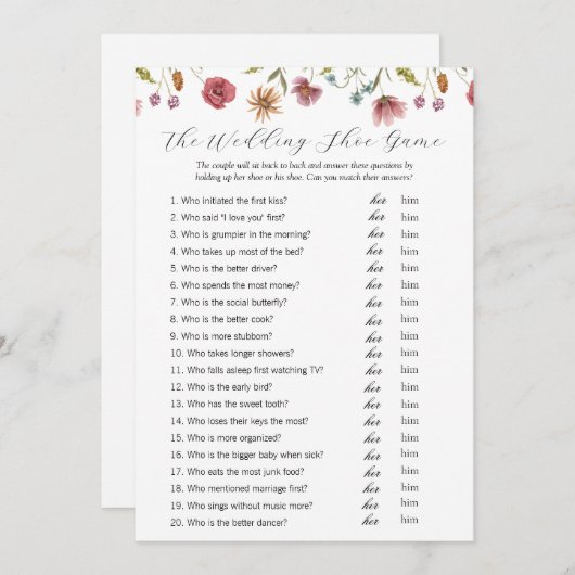 開花ワイルドフラワー結婚ズのシューゲームカードでの愛 招待状 (正面/裏面)