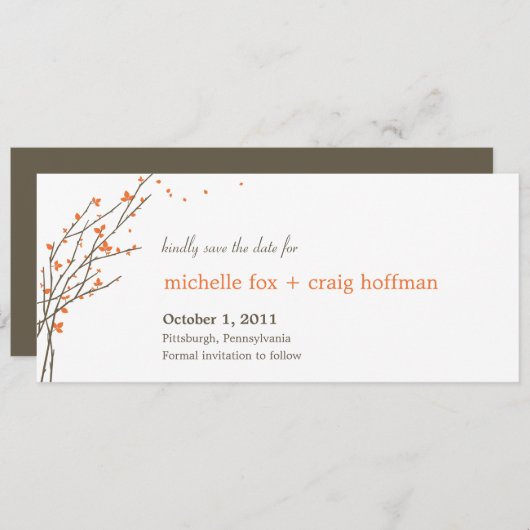 開花枝が日付カードを節約-オレンジ セーブザデート (正面/裏面)