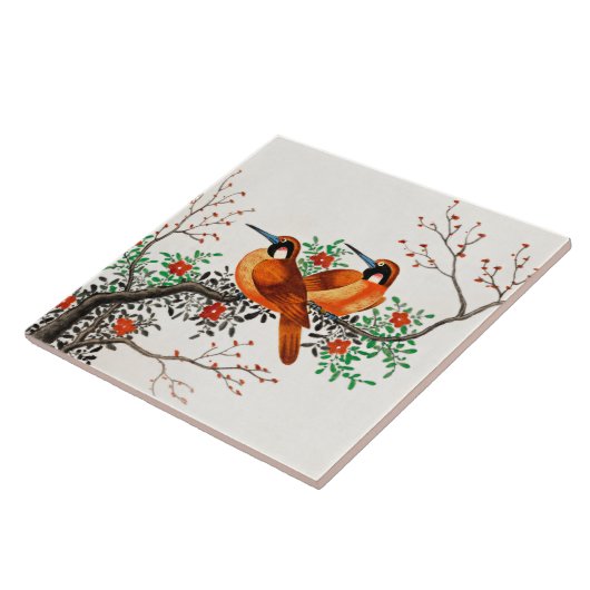 開花枝に2羽の鳥 タイル (側面)
