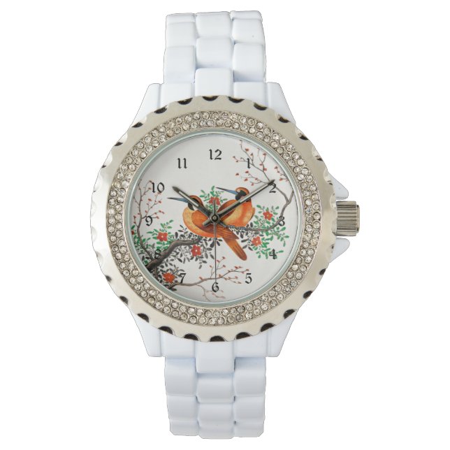 開花枝に2羽の鳥 腕時計 (正面)