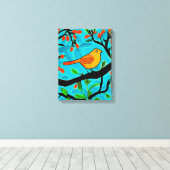 開花枝の小さなオレンジ色の鳥 キャンバスプリント (インサイチュ (ウッドフロア))