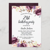 開花水彩パープルフローラ21st誕生日パーティー 招待状 (正面/裏面)