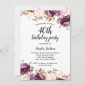 開花水彩パープルフローラ40th誕生日パーティー 招待状 (正面)