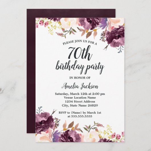 開花水彩パープルフローラ70th誕生日パーティー 招待状 (正面/裏面)