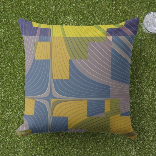 開花畑モダン抽象芸術ブルーイエロー アウトドアクッション (芝生)
