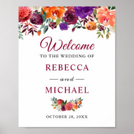 開花素朴ブルゴーニュの結婚花の歓迎サイン ポスター