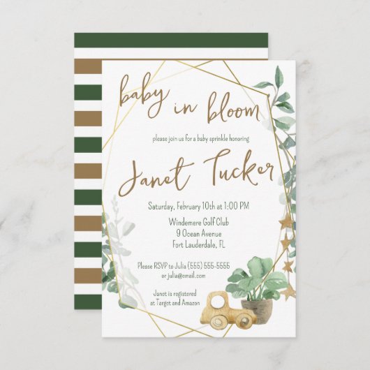 開花金ゴールドフレームのベビー、緑のベビーシャワー 招待状 (正面/裏面)
