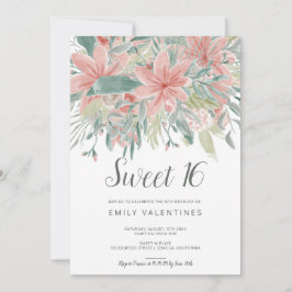 開花|のシックなピンクの緑の花の水彩画の菓子16 招待状