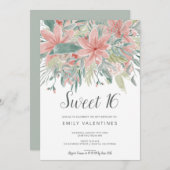 開花|のシックなピンクの緑の花の水彩画の菓子16 招待状 (正面/裏面)