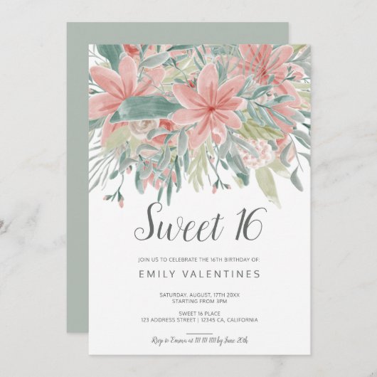 開花|のシックなピンクの緑の花の水彩画の菓子16 招待状 (正面/裏面)