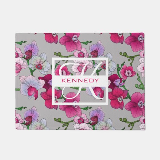 開花|のピンクの蘭はあなたの名前を加えます ドアマット (正面)