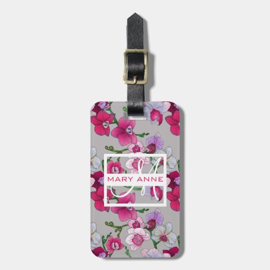 開花|のモノグラムのピンクの蘭 ラゲッジタグ (正面縦)