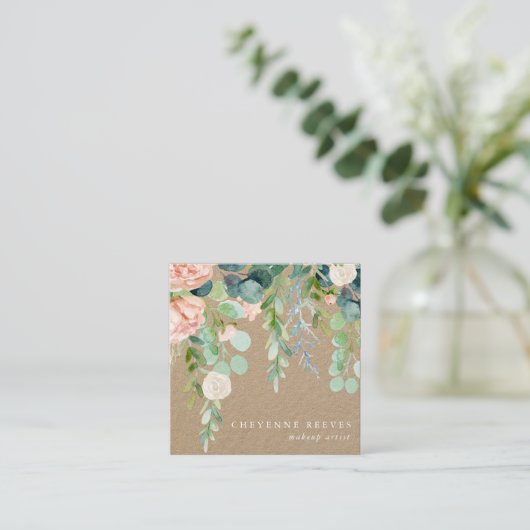 開花|の素朴な水彩画の花柄 スクエア名刺 (スタンド正面)