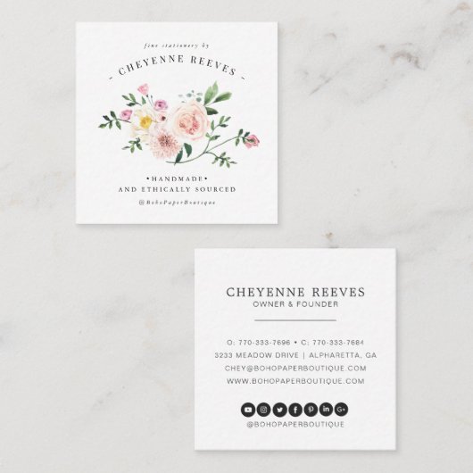 開花|の赤面のヴィンテージの花柄のロゴ スクエア名刺 (正面/裏面)