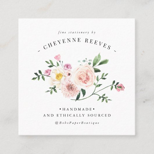 開花|の赤面のヴィンテージの花柄のロゴ スクエア名刺 (正面)