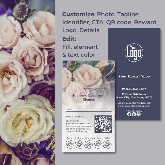 開花&リワードカスタマイズ可能なフローリストロイヤリティカード ロイヤリティカード