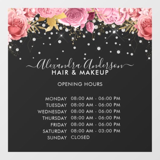 開館時間ブラックピンクフローラダイヤモンドグリッター ウィンドウサイン (シート)