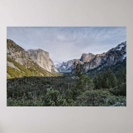 間に曇った空の下の山の近くの緑の木 ポスター (正面)